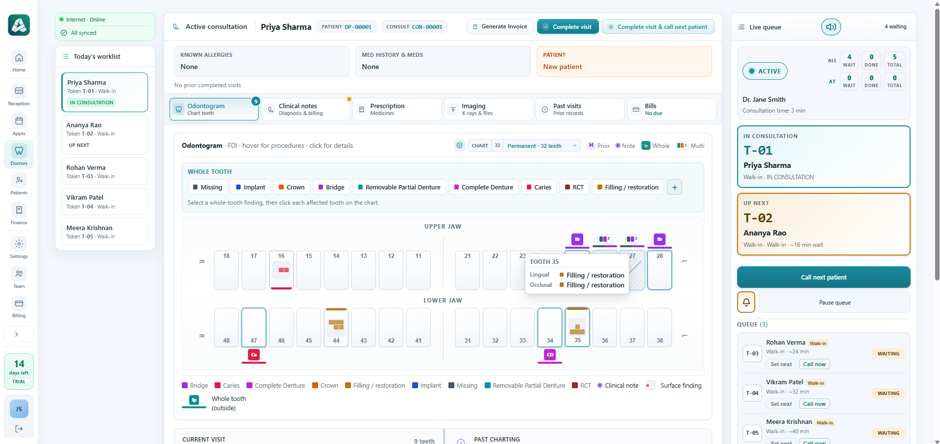 Doctors Desk in Ambergrin — live patient queue, odontogram charting, and clinical notes